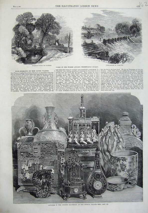Old Antique Print 1865 Fishing Hampton Ponds Sunbury Chinese Exhibition 19th