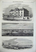 Old Antique Print 1865 Albert Memorial School Mersey River Bridge Lytham 19th