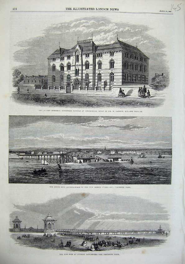Old Antique Print 1865 Albert Memorial School Mersey River Bridge Lytham 19th