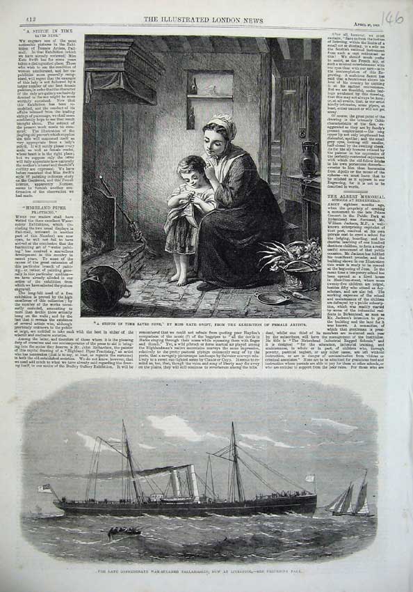 Old Antique Print War Steamer Ship 1865 Tallahassee Liverpool Mum Child 19th