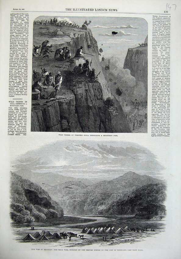 Original Old Antique Print 1865 Wild Tribes Western India Mountain War Bhootan