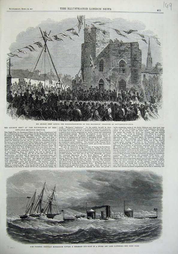 Original Old Antique Print 1865 George Grey Mechanics Newcastle Monadnock Ship