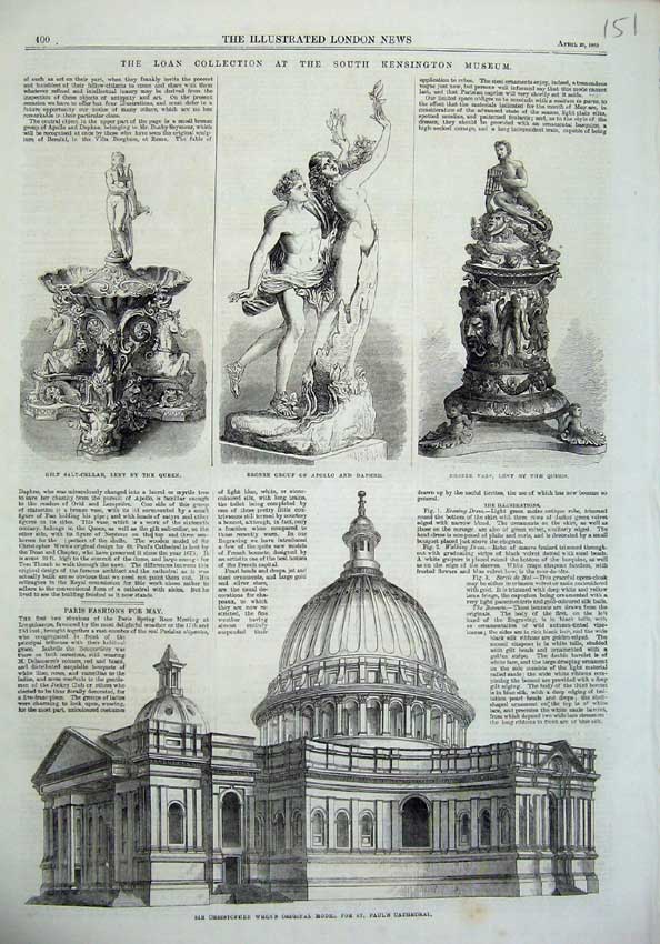 Original Old Antique Print Christopher Wren Cathedral 1865 Apollo Daphne Queen