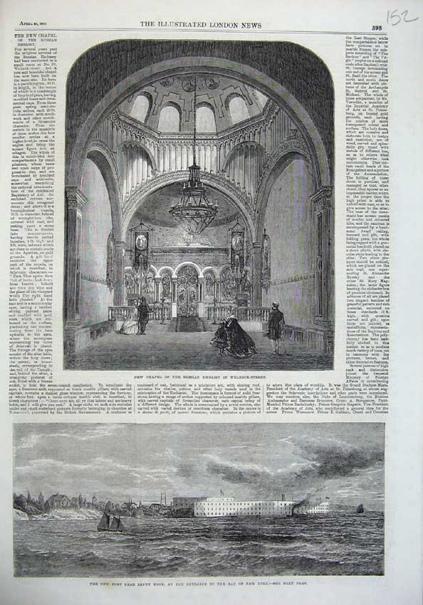 Original Old Antique Print Chapel Russian Embassy Welbeck 1865 Fort Sandy Hook