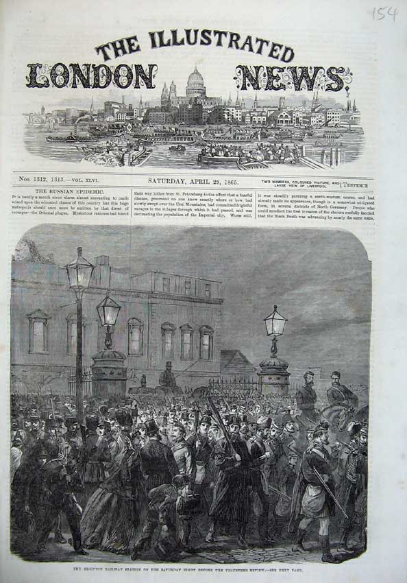 Old Antique Print 1865 Brighton Railway Station Volunteer Review Fine Art 19th