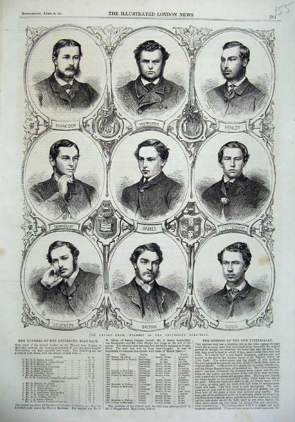 Old Antique Print 1865 Oxford Crew University Boat Race Raikes Wood Brown 19th