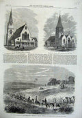 Old Antique Print 1865 Church Bacup Kent English Officers Negor Town Bida 19th
