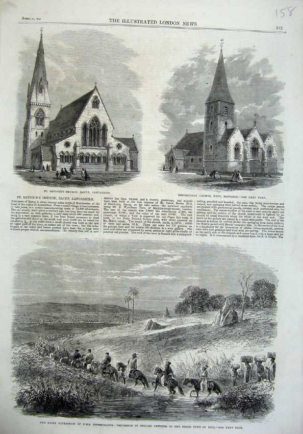 Old Antique Print 1865 Church Bacup Kent English Officers Negor Town Bida 19th