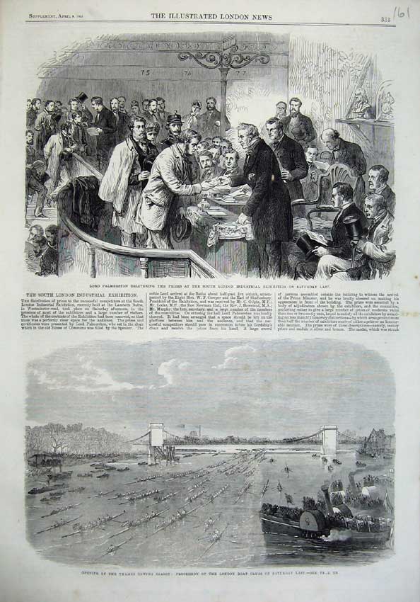 Old Antique Print 1865 Lord Palmerston London Thames Rowing Season Boat 19th