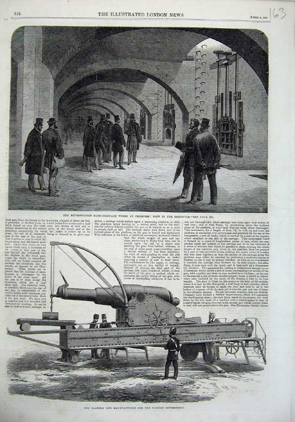 Original Old Antique Print Blakely Gun Russia Drainage Works Crossness Resevoir