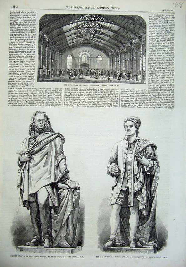 Original Old Antique Print Corn Basingstoke 1865 Statue Wilson Ramsay Edinburgh