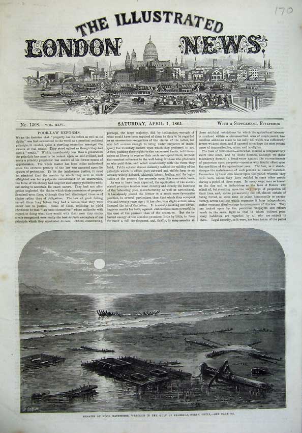Old Antique Print 1865 Remains Racehorse Ship Wreck Pe-Che-Li North China 19th