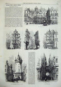 Original Old Antique Print 1865 Frankfort-On-The-Main Market Tower Juden-Gasse