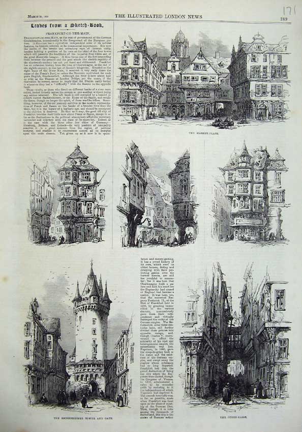 Original Old Antique Print 1865 Frankfort-On-The-Main Market Tower Juden-Gasse