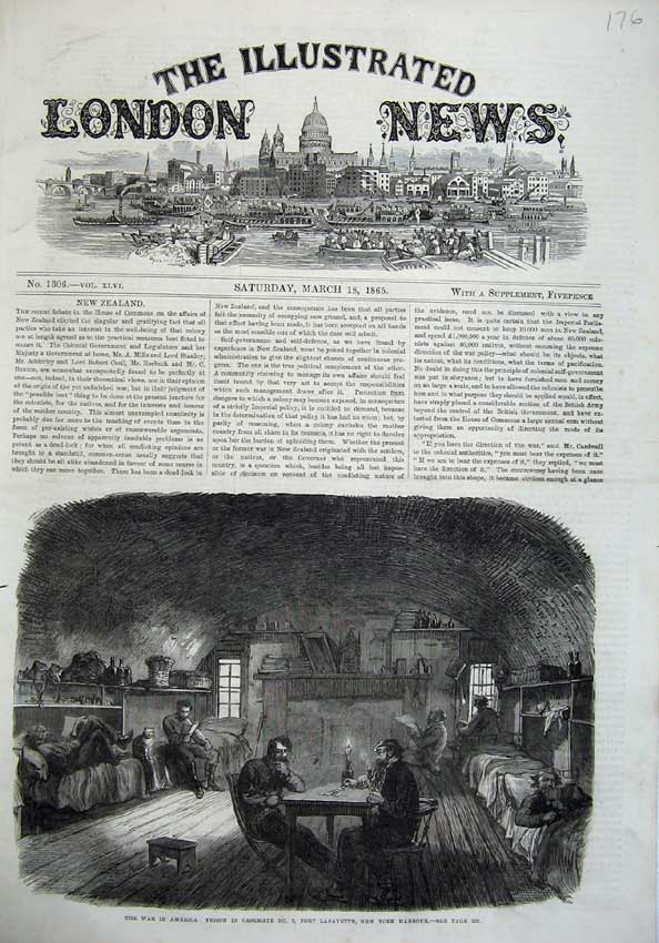 Old Antique Print 1865 War America Prison Fort Lafayette New York Harbour 19th