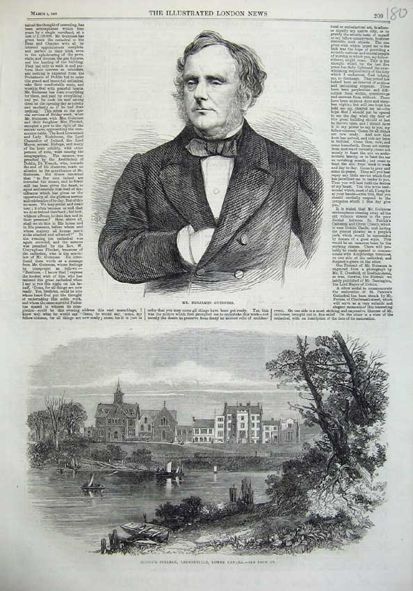Old Antique Print Benjamin Guinness 1865 Bishops College Lennoxville Art 19th