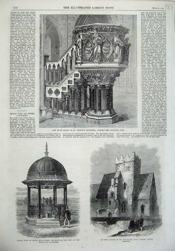 Original Old Antique Print Stone Pulpit Cathedral Dublin 1865 Well Ispen Church