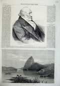 Original Old Antique Print 1865 Moses Monefiore Sugar Loaf Mountain Rio Janeiro