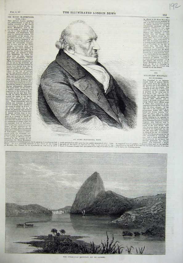 Original Old Antique Print 1865 Moses Monefiore Sugar Loaf Mountain Rio Janeiro