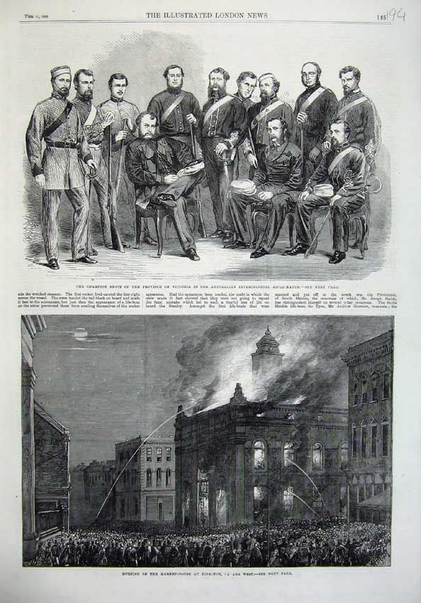 Old Antique Print 1865 Burning Market Canada Rifle Match Australia Sport 19th