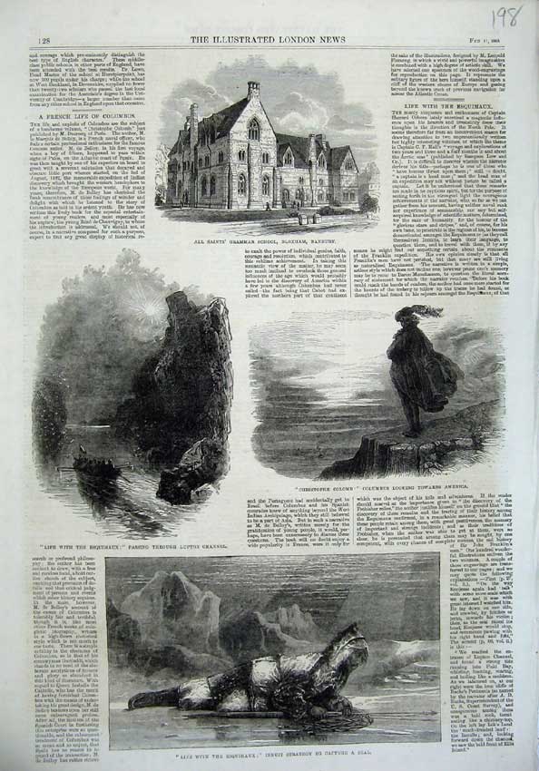 Original Old Antique Print 1865 Grammar School Banbury Lupton Channel Esquimaux