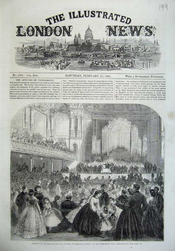 Old Antique Print 1865 Manchester Salford Free Trade Hall Manchester Art 19th