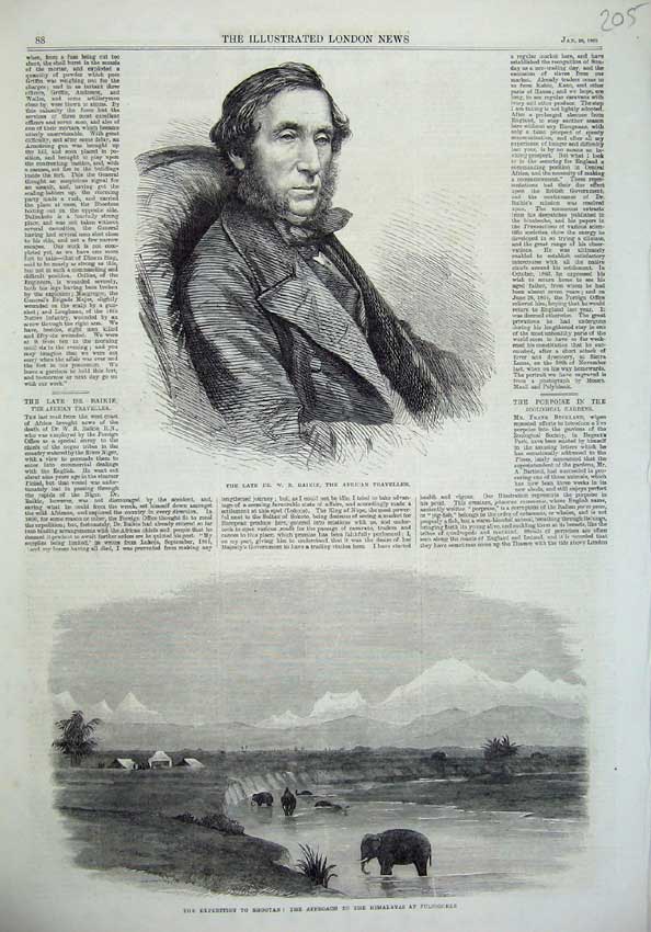 Old Antique Print 1865 Baikie African Traveller Himalayas Elephant Bootan 19th