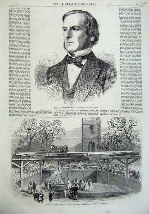 Old Antique Print Professor Boole College 1865 Cathedral Foundation Stone 19th
