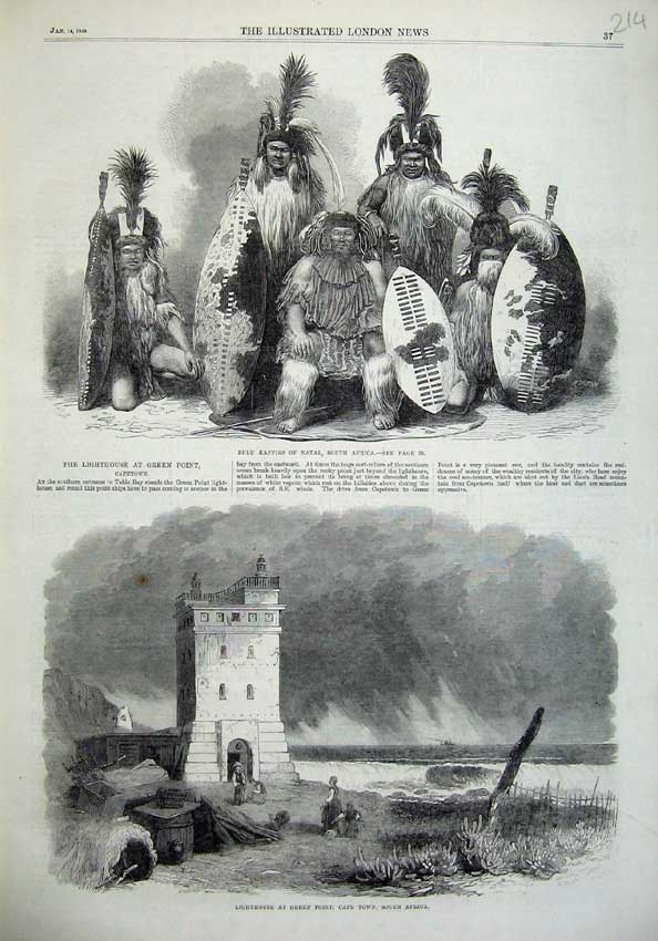 Old Antique Print 1865 Zulu Kaffirs Natal Lighthouse Cape Town Africa Art 19th