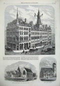 Old Antique Print 1865 Buildings Birmingham Church Deptford College Wales 19th
