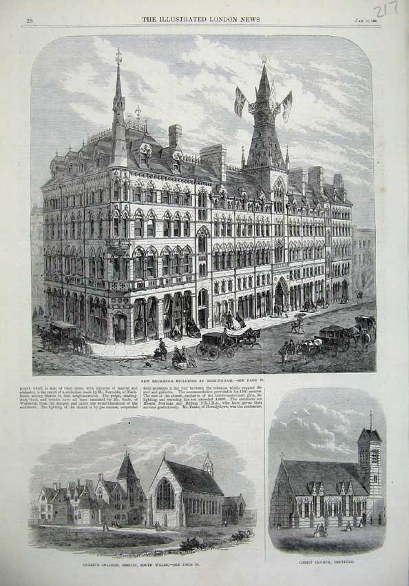 Old Antique Print 1865 Buildings Birmingham Church Deptford College Wales 19th