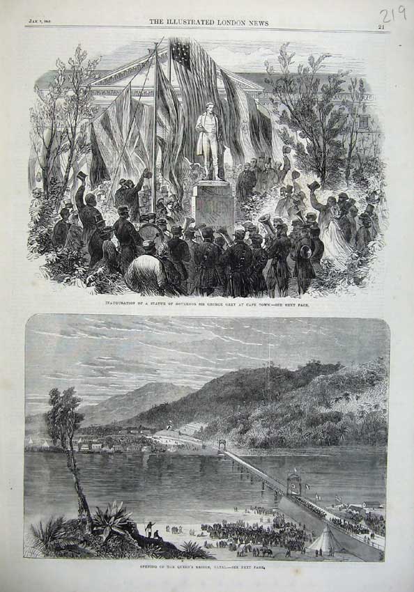 Old Antique Print Statue Governor Grey Cape Town Queen Bridge Natal 1865 19th