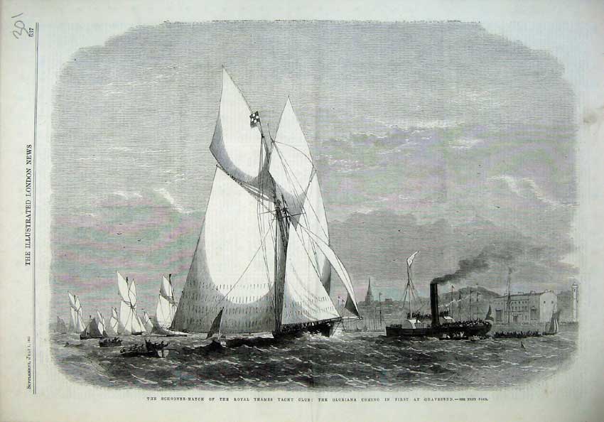 Original Old Antique Print 1865 Schooner Match Ship Gloriana Thames Yacht Club