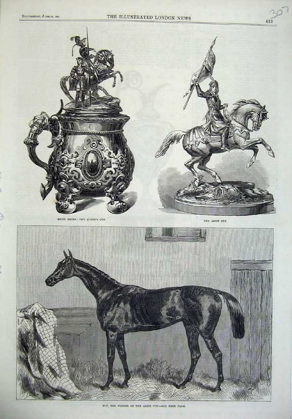 Original Old Antique Print Ely Horse Ascot Cup Races 1865 Queens Sport Trophy