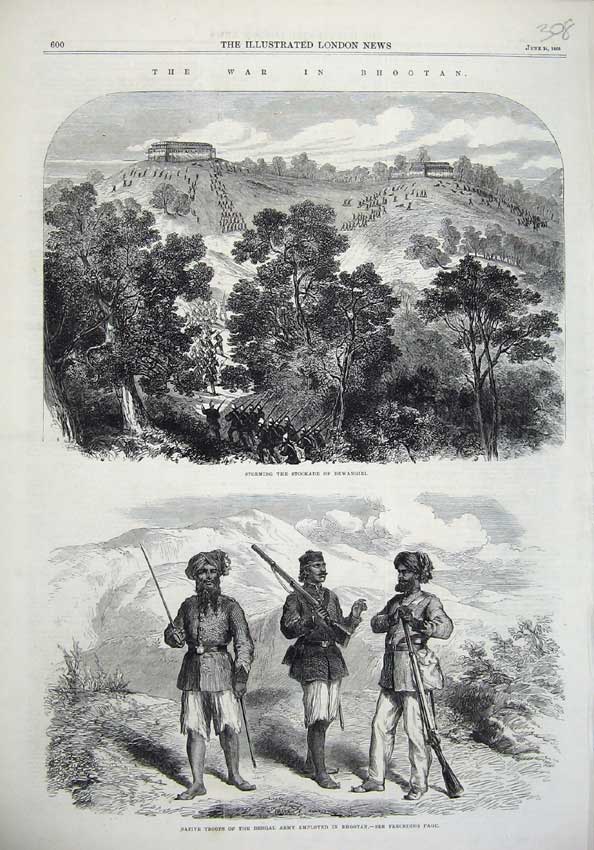 Old Antique Print Stockade Dewangiri 1865 War Bhootan Native Bengal Army 19th