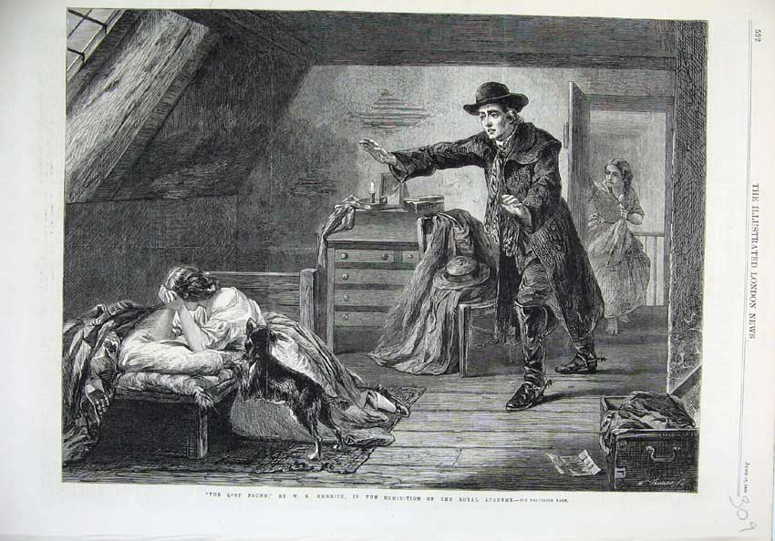 Original Old Antique Print 1865 Fine Art Girl Crying Bed Lost Man House Herrick