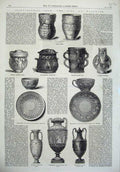 Original Old Antique Print 1865 Wedgwood Celtic Urns Posset Tyg Vase Cup Saucer