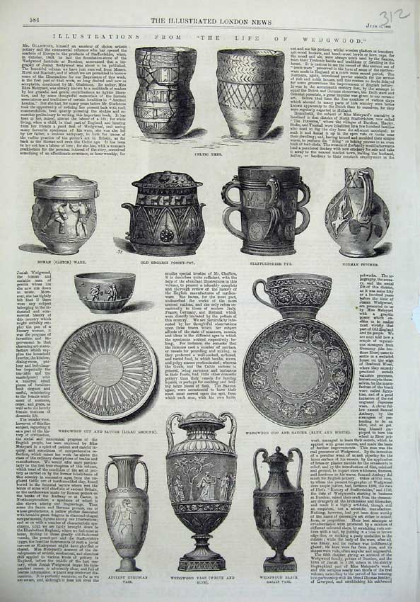 Original Old Antique Print 1865 Wedgwood Celtic Urns Posset Tyg Vase Cup Saucer