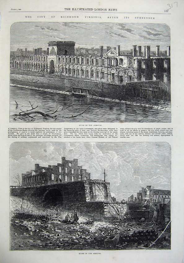 Old Antique Print Richmond Ruins Armoury Arsenal1865 Fine Art War America 19th