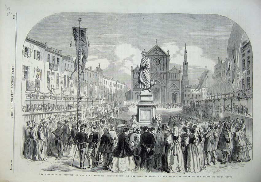 Original Old Antique Print 1865 Italy Statue Dante Festival Florence King Italy