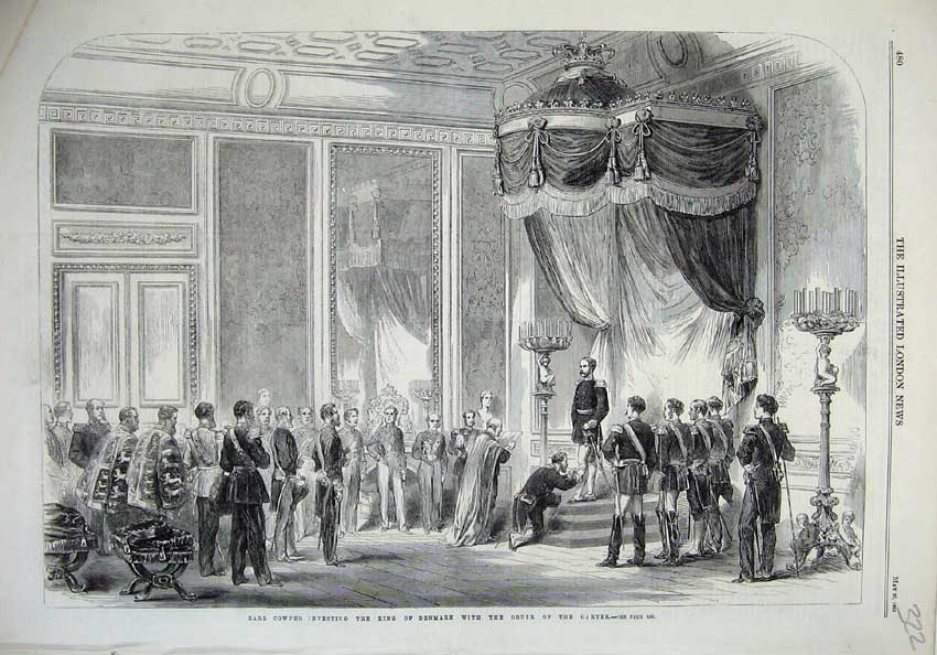 Original Old Antique Print 1865 Earl Cowper King Denmark Order Garter Ceremony