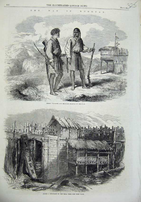 Original Old Antique Print War Bhootan 1865 Armed Siers Stockade Bala Pass 19th