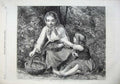 Old Antique Print 1865 Fine Art Child Mother Picking Flowers Basket Trees 19th