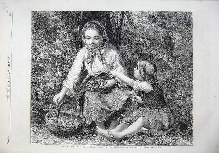Old Antique Print 1865 Fine Art Child Mother Picking Flowers Basket Trees 19th