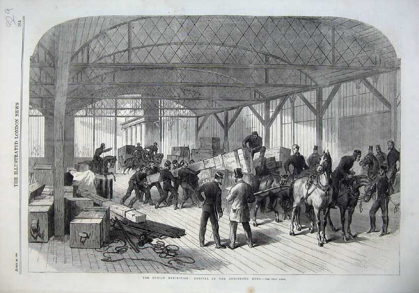 Original Old Antique Print 1865 Dublin Exhibition Armstrong Guns Horse Siers
