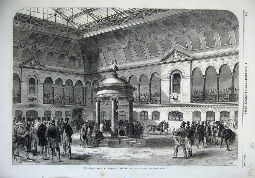 Original Old Antique Print 1865 Sale Tattersall'S New Buildings Horses Men 19th