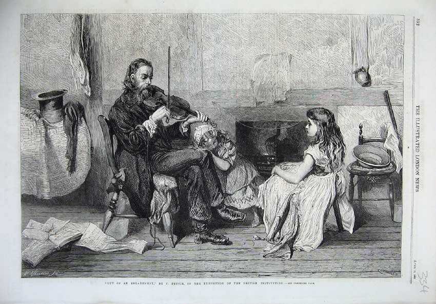 Old Antique Print 1865 Fine Art Man Music Violin Children Fire-Side Chair 19th