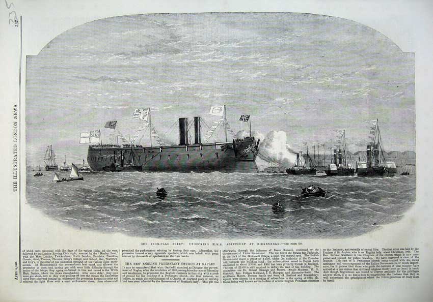 Original Old Antique Print 1865 Iron Clad Fleet Ship H.M.S Agincourt Birkenhead