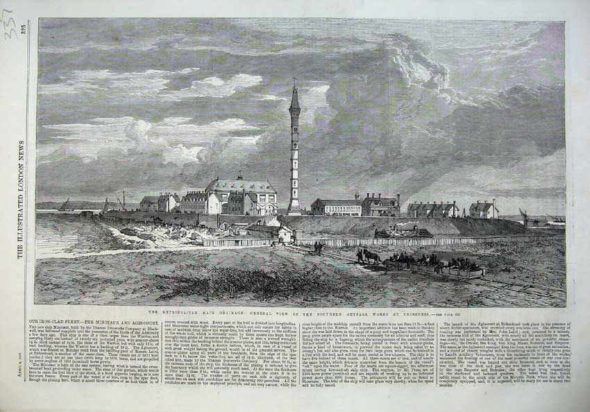 Original Old Antique Print 1865 Metropolitan Drainage Outfall Works Crossness