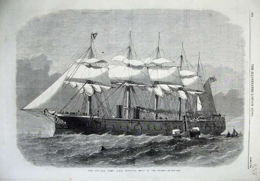 Old Antique Print 1865 Iron Clad Fleet Ship H.M.S Minotaur River Thames 19th